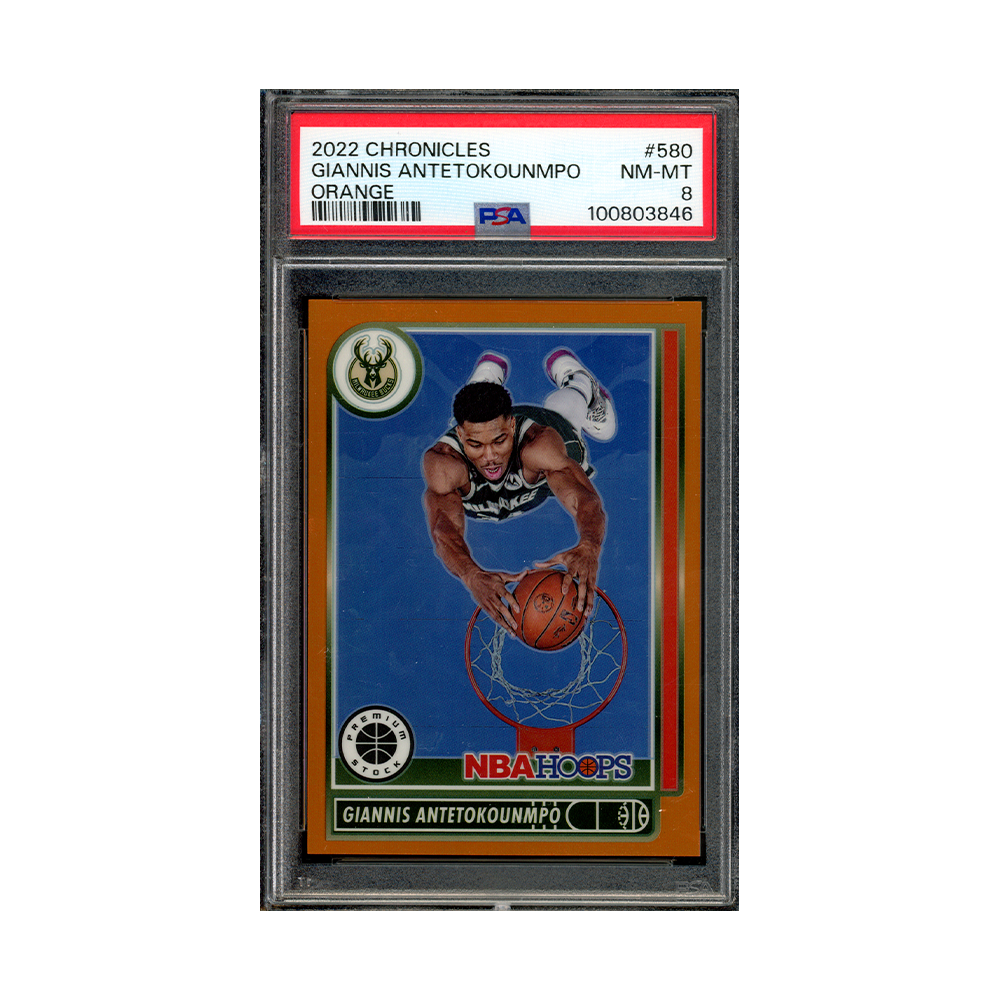 Giannis Antetokounmpo 2022 Panini chronicles Orange /75 PSA 8