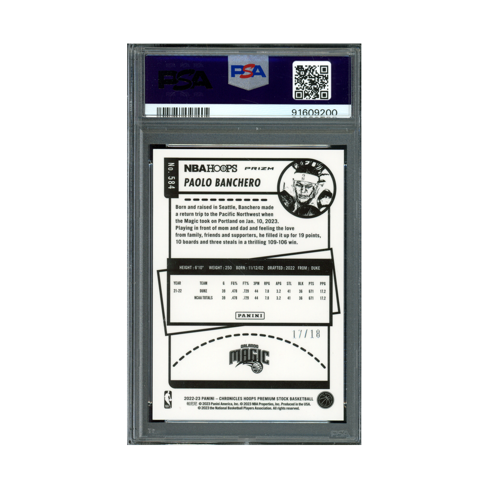 Paolo Banchero 2022 Panini Chronicles Basketball Asia Jade Rookie /18 PSA 9