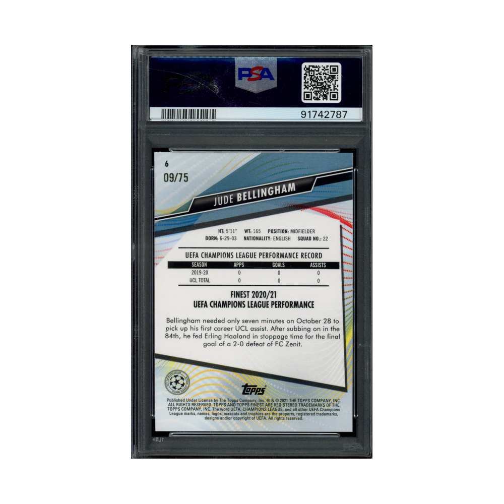 Jude Bellingham 2020 Topps Finest UCL Aqua Refractor Rookie /75 PSA 10