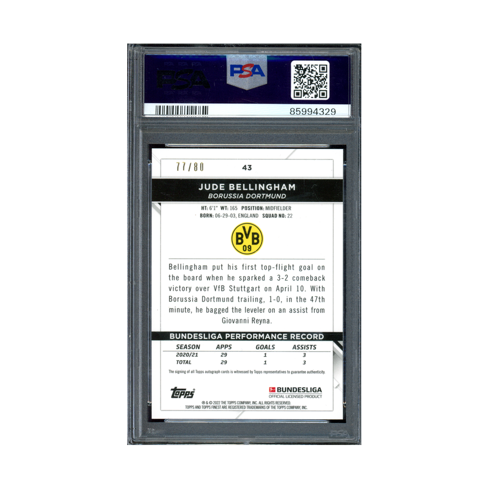 Jude Bellingham 2021-22 Topps Finest Bundesliga Purple Wave Auto /80 PSA 10
