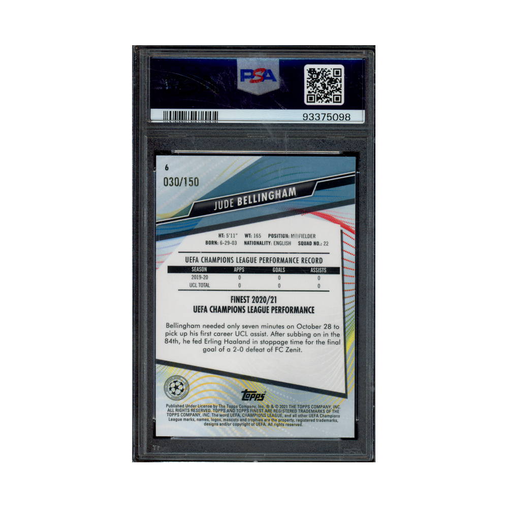 Jude Bellingham 2020 Finest UCL Blue Refractor Rookie /150 PSA 8