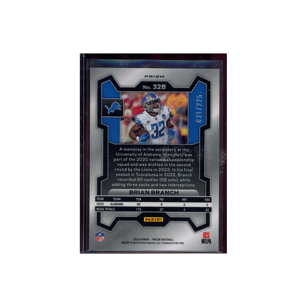 Brian Branch 2023 Panini Prizm Football Rookie Purple Ice /225