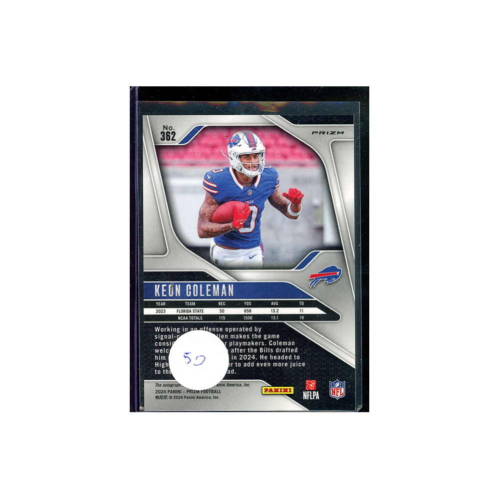 Keon Coleman 2024 Panini Prizm Football Silver Prizm Rookie Auto