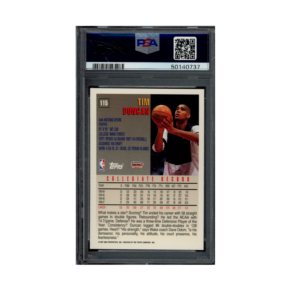 Tim Duncan 1997 Topps Rookie PSA 9
