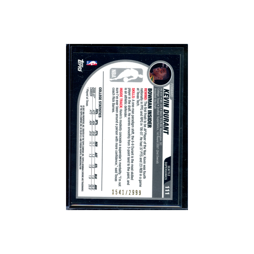 Kevin Durant 2007 Topps Bowman Chrome Basketball Rookie /2999