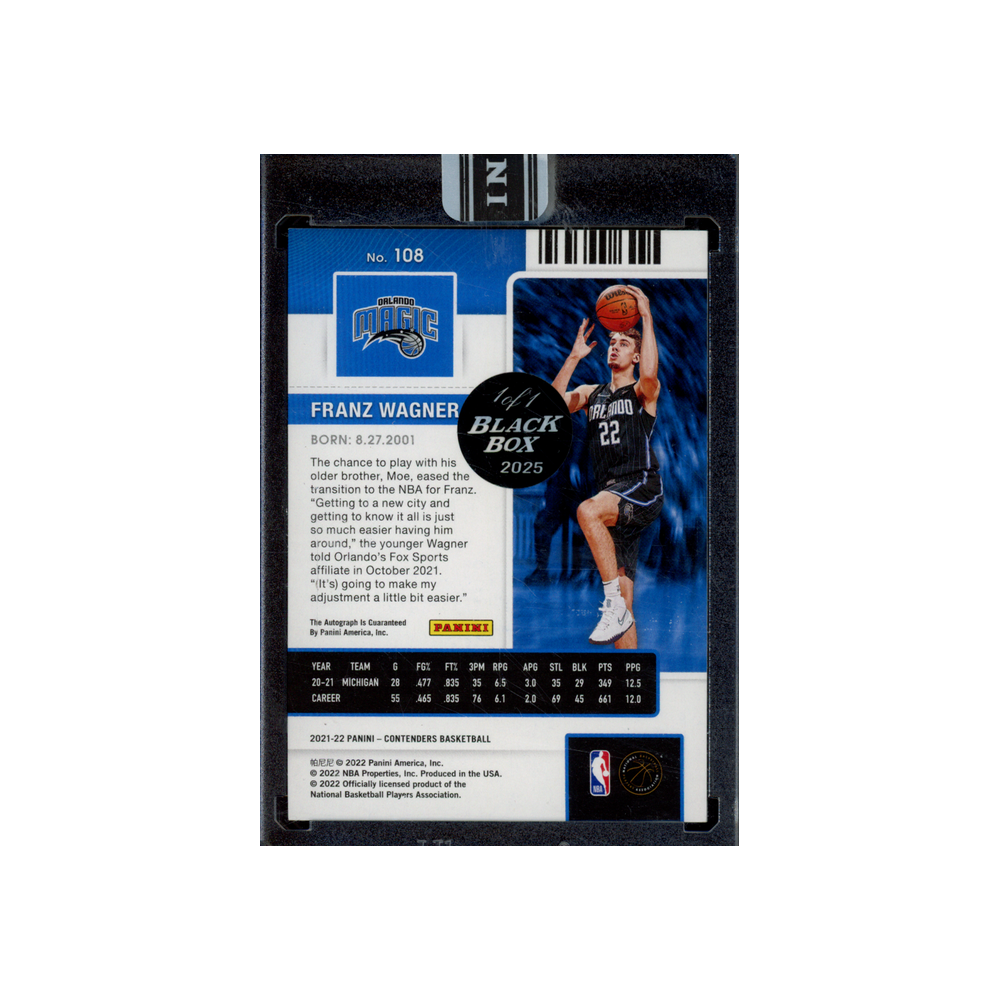 Franz Wagner 2021-22 Panini Contenders Basketball Rookie Ticket Cracked Ice Black Box 1/1