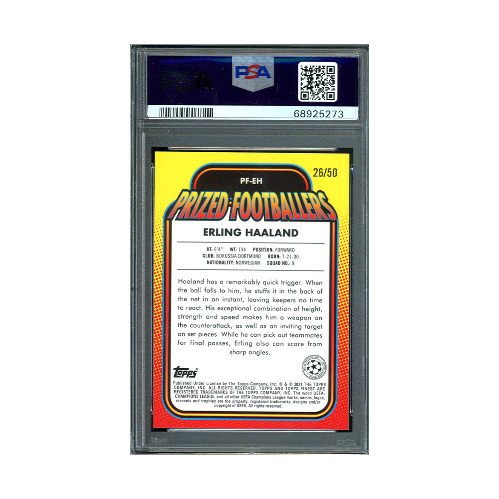 Erling Haaland 2020-21 Finest UCL Prized Footballers Gold Refractor /50 PSA 9