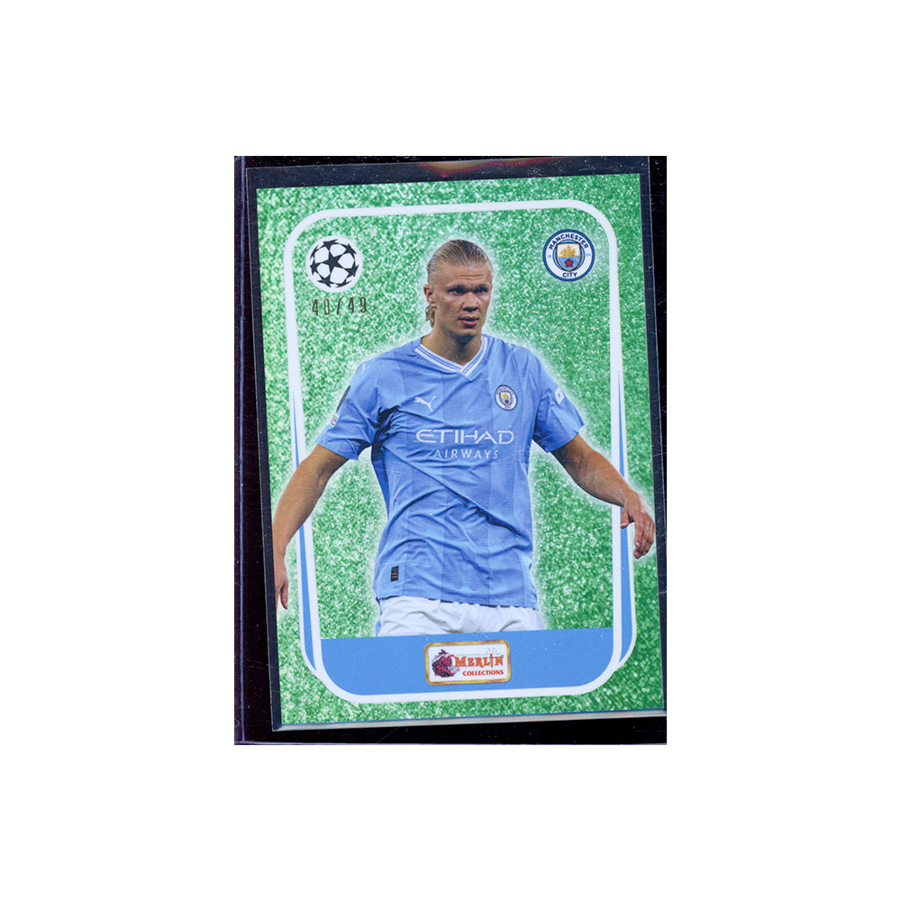 Erling Haaland 2022-23 Topps Merlin Heritage UCC Soccer Merlin Most Wanted Green /49