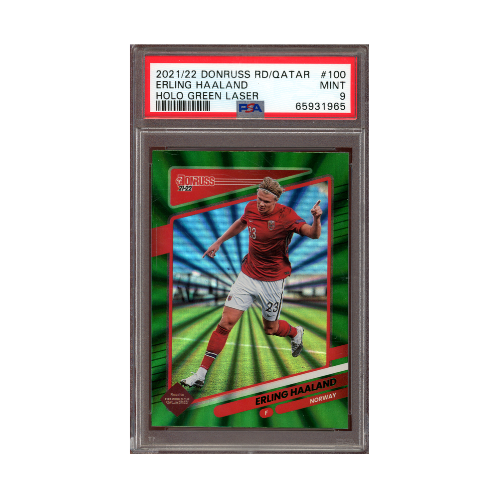 Erling Haaland 2021-22 Panini Donruss WC Holo Green Laser PSA 9