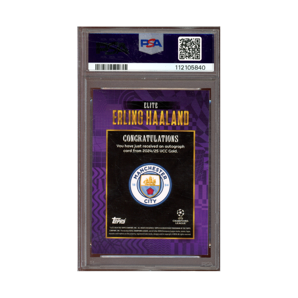 Erling Haaland 2024-25 Topps Gold UCC Elite Auto Purple /25 PSA 8/10