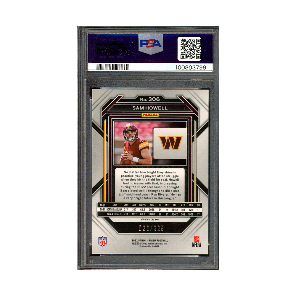 Sam Howell 2022 Panini Prizm Football Purple Ice Primz Rookie /225 PSA 10
