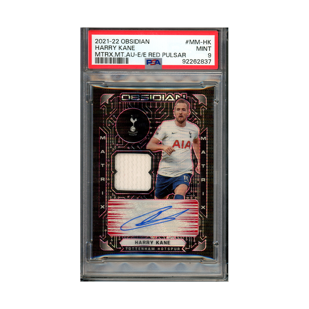 Harry Kane 2021-22 Obsidian Matrix Material Patch Auto Red Pulsar /44 PSA 9