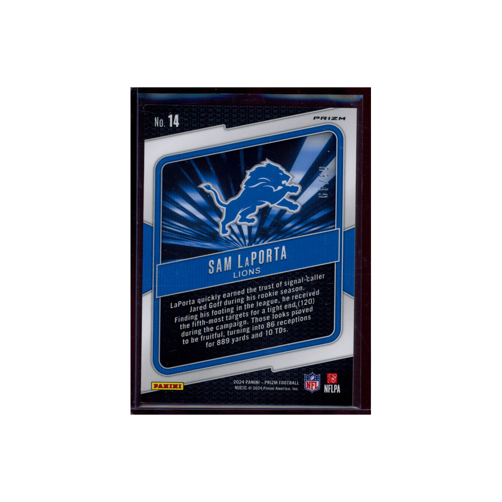 Sam LaPorta 2024 Panini Prizm Football Hype! Purple Power /49