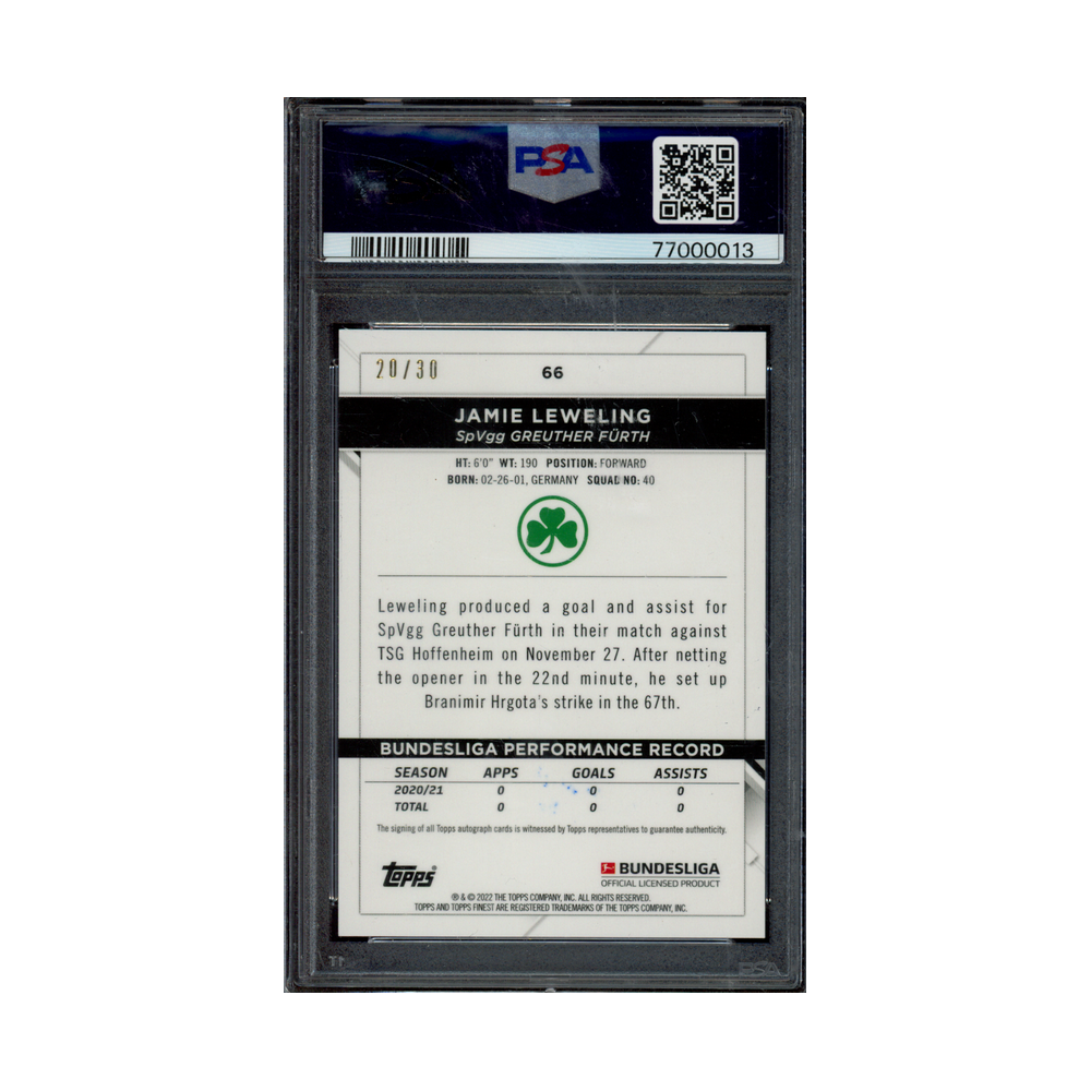 Jamie Leweling 2021-22 Finest Bundesliga Green Wave Refractor /30 PSA 9