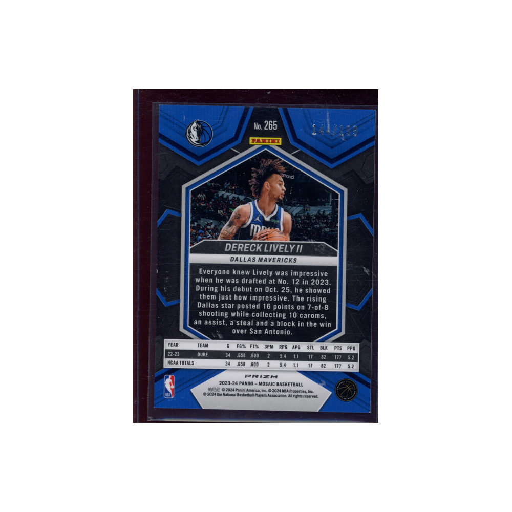 Dereck Lively II 2023-24 Panini Mosaic Basketball Rookie NBA Debut Blue /199