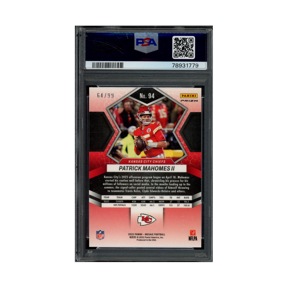 Patrick Mahomes 2022 Panini Mosaic Football Blue Mosaic /99 PSA 10