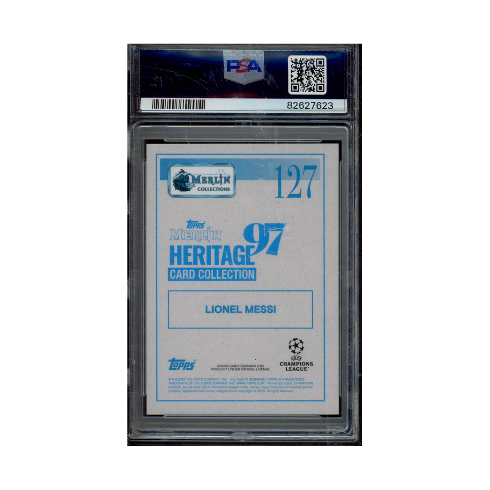 Lionel Messi 2021 Topps Merlin 97 UCL Action Blue /49 PSA 10