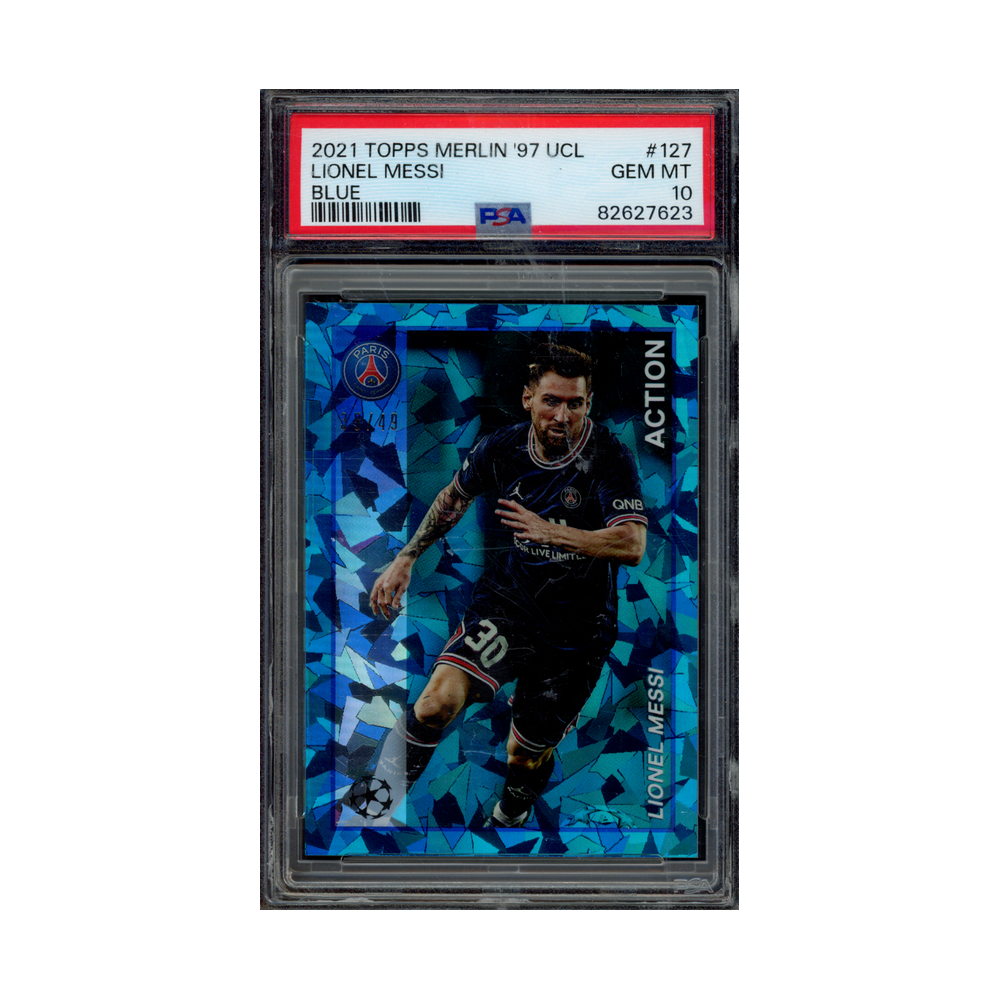 Lionel Messi 2021 Topps Merlin 97 UCL Action Blue /49 PSA 10