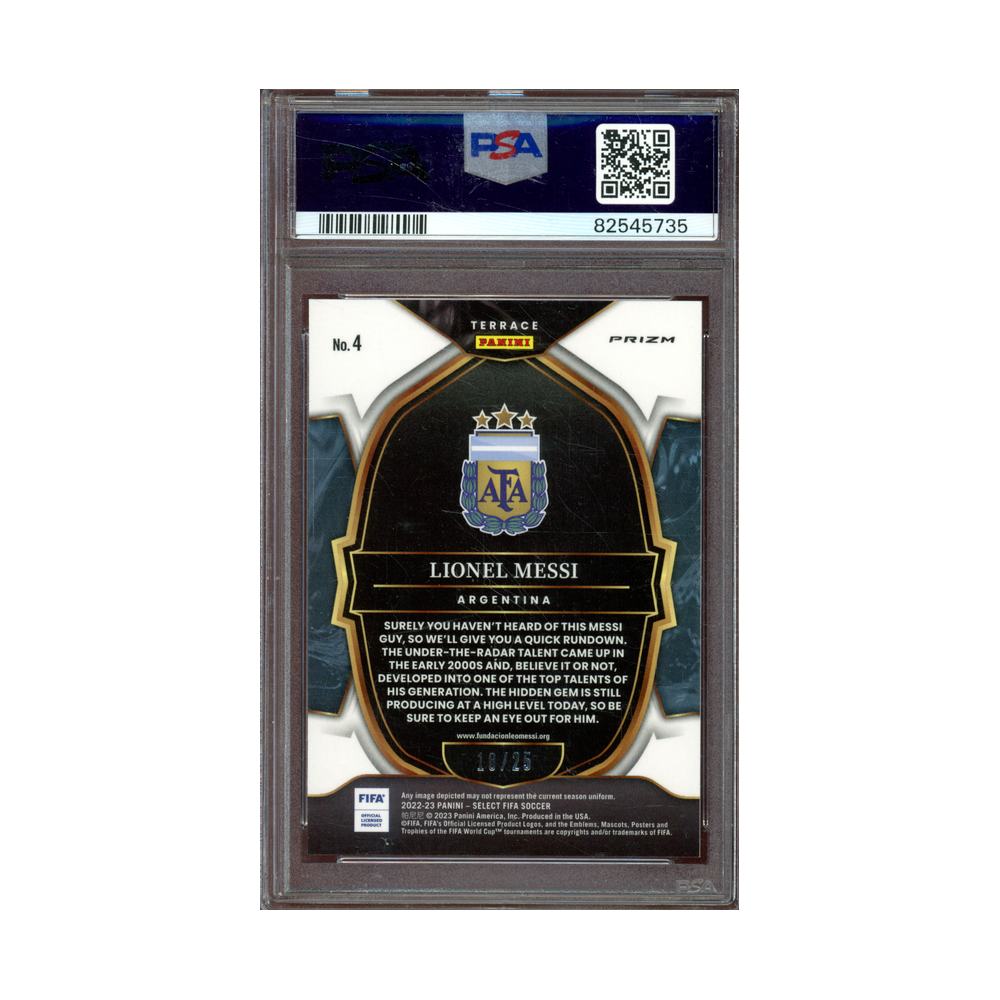 Lionel Messi 2022-23 Panini Select Fifa Zebra /25 PSA 10