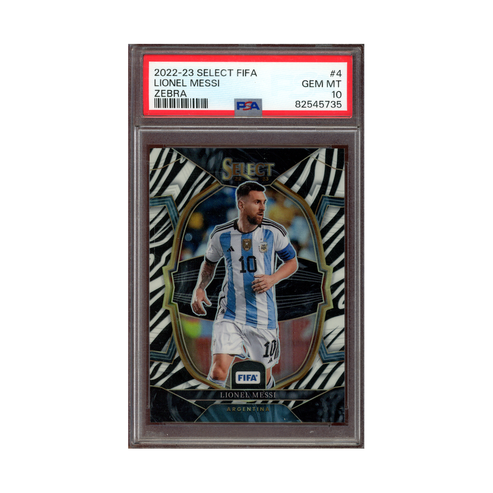 Lionel Messi 2022-23 Panini Select Fifa Zebra /25 PSA 10