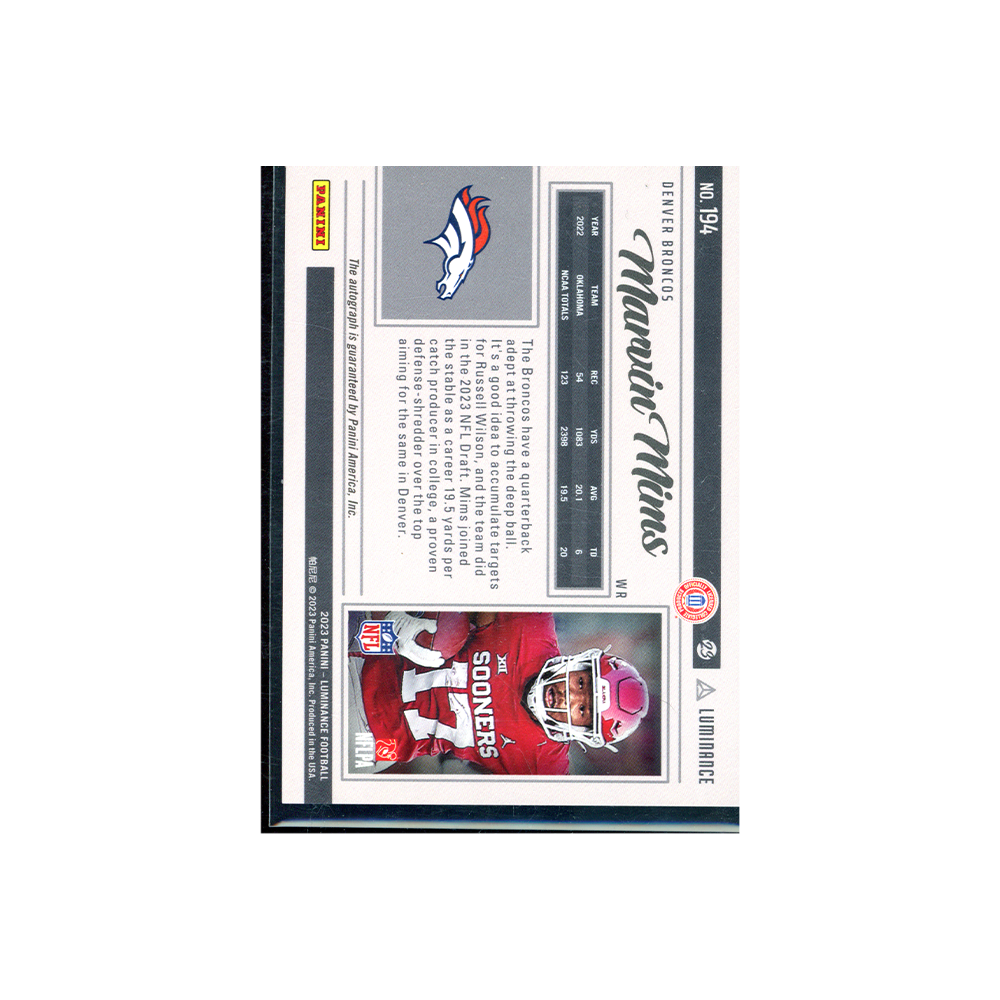 Marvin Mims 2023 Panini Luminance Football Rookie Auto /50