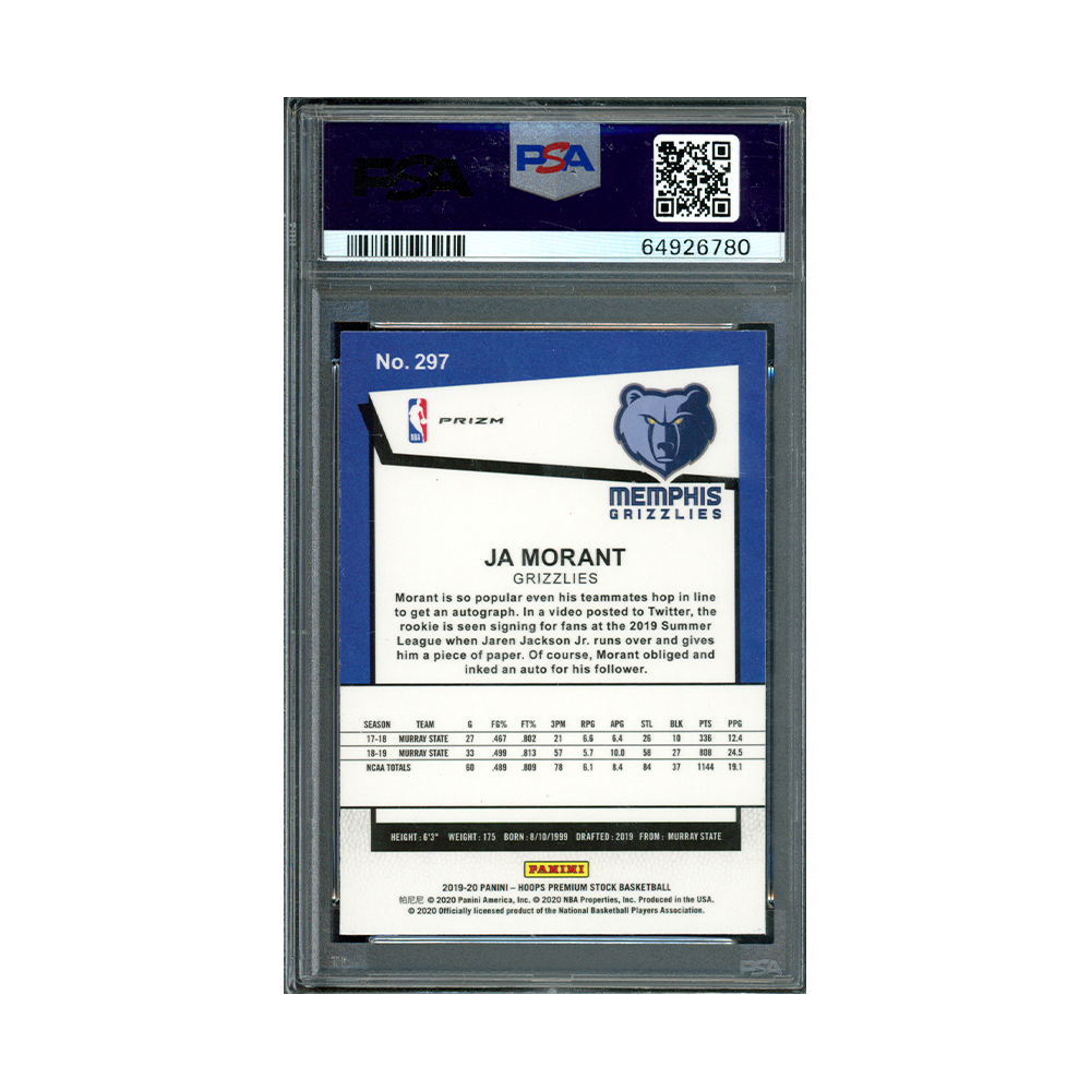 Ja Morant 2019 Panini Hoops Premium Stock Basketball Pulsar Rookie PSA 9