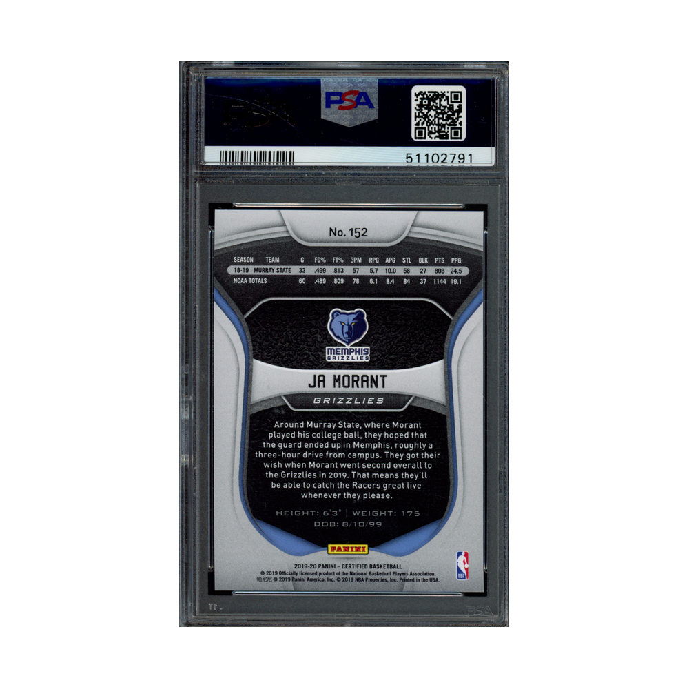Ja Morant 2019 Panini Certified Basketball Mirror Blue Rookie PSA 10