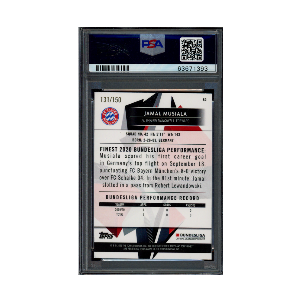 Jamal Musiala 2020-21 Topps Finest Bundesliga Blue Wave Refractor Rookie /150 PSA 10