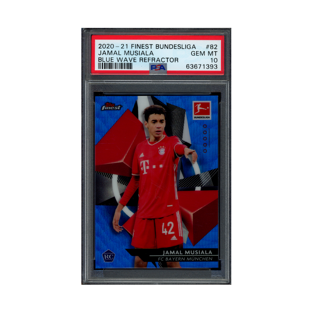 Jamal Musiala 2020-21 Topps Finest Bundesliga Blue Wave Refractor Rookie /150 PSA 10