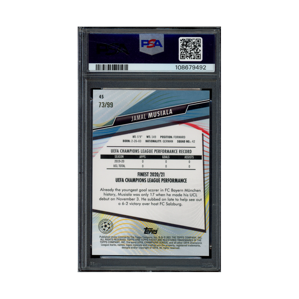 Jamal Musiala 2020 Finest UCL Neon Green Refractor Rookie /99 PSA 10