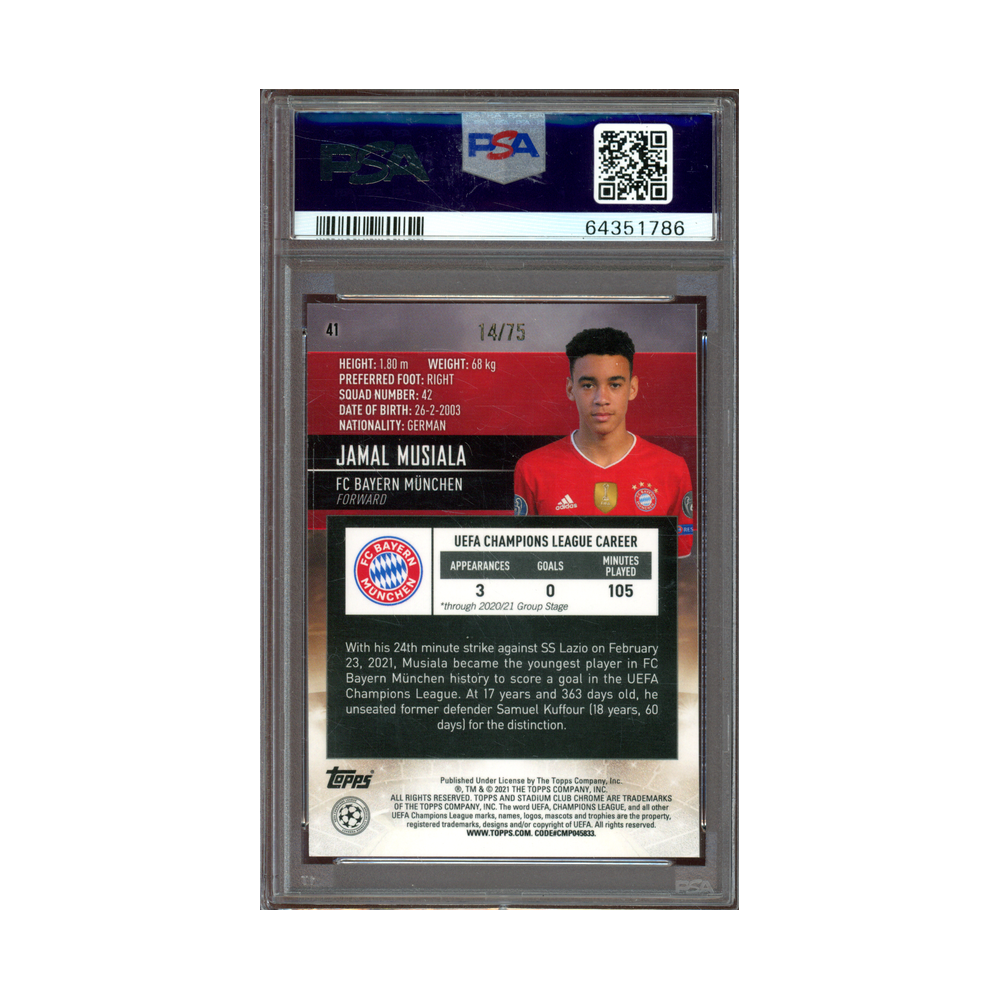 Jamal Musiala 2020-21 Stadium Club Chrome UCL Green Yellow Electric Refractor Rookie /75 PSA 10