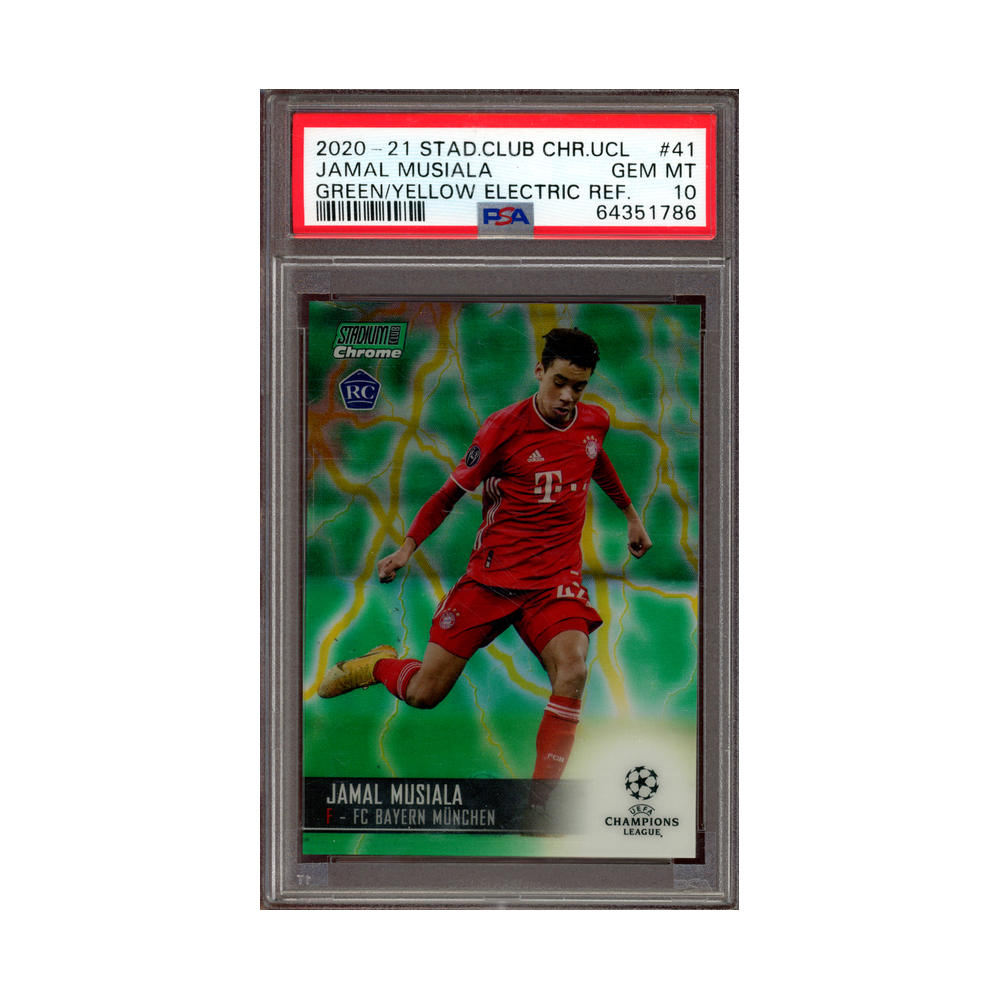 Jamal Musiala 2020-21 Stadium Club Chrome UCL Green Yellow Electric Refractor Rookie /75 PSA 10