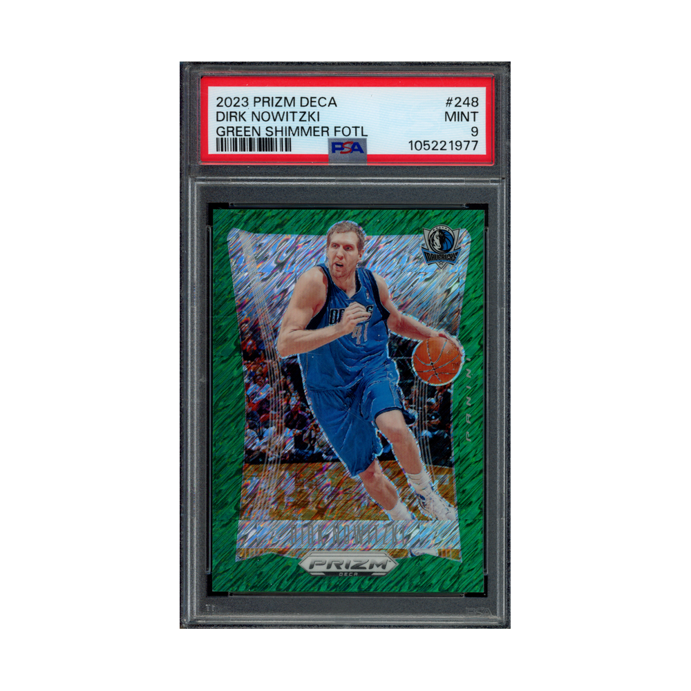 Dirk Nowitzki 2023 Panini Prizm Deca Basketball Green Shimmer Fotl /12 PSA 9