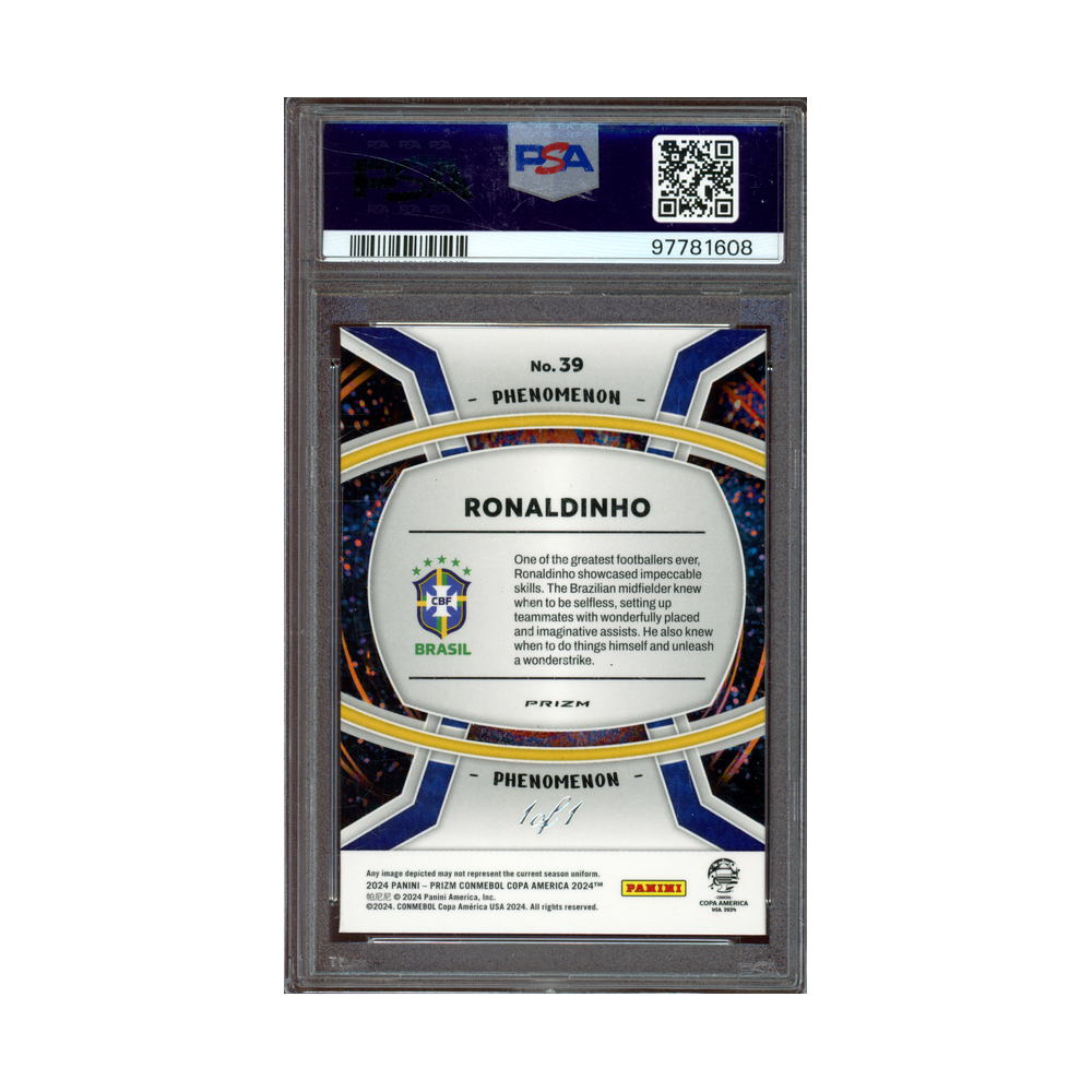 Ronaldinho 2024 Prizm Copa America Phenomenon Black Prizm 1/1 PSA 8