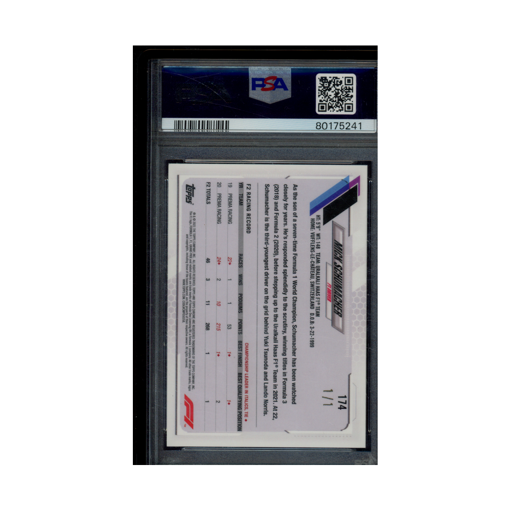 Mick Schumacher 2021 Topps Chrome F1 Sapphire Edition SP Padparadscha 1/1 PSA 9