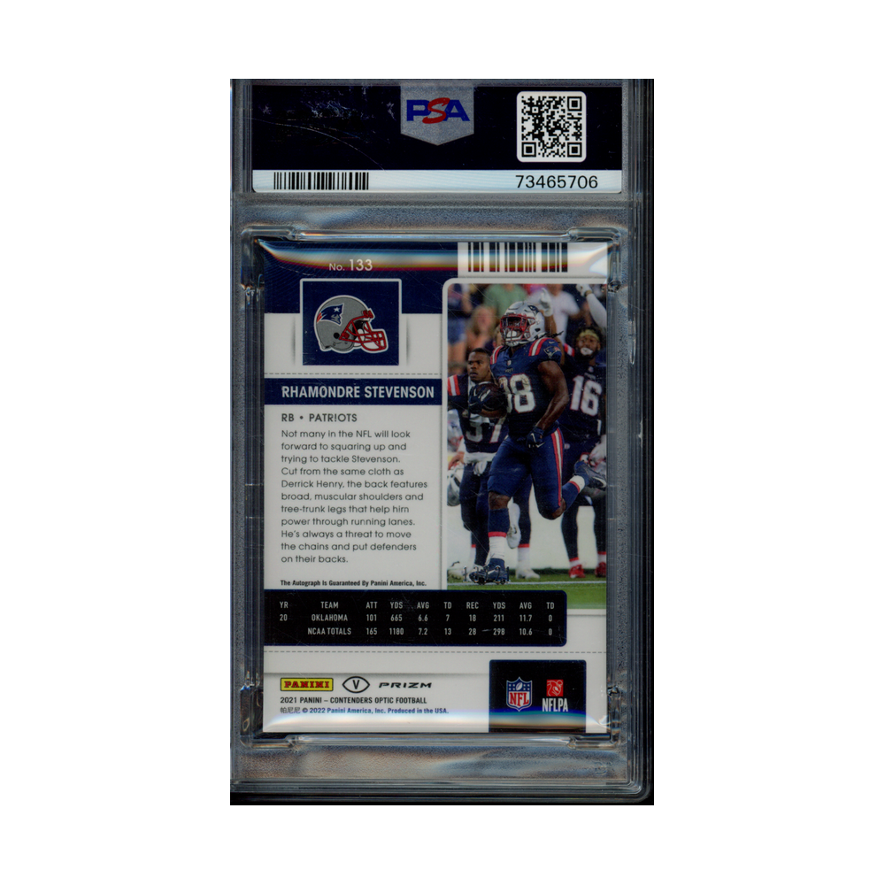 Rhamondre Stevenson 2021 Panini Contenders Optic Football Rookie Ticket Variation Purple Pulsar /21 PSA 9