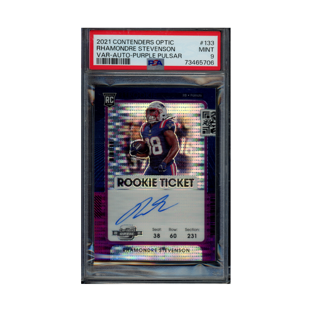 Rhamondre Stevenson 2021 Panini Contenders Optic Football Rookie Ticket Variation Purple Pulsar /21 PSA 9