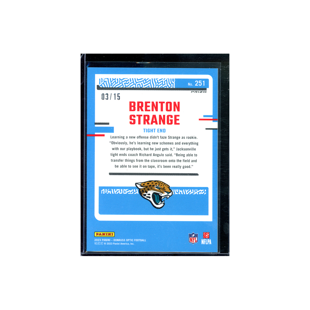 Brenton Strange 2023 Panini Donruss Optic Footbal Rated Rookie Blue Ice /15