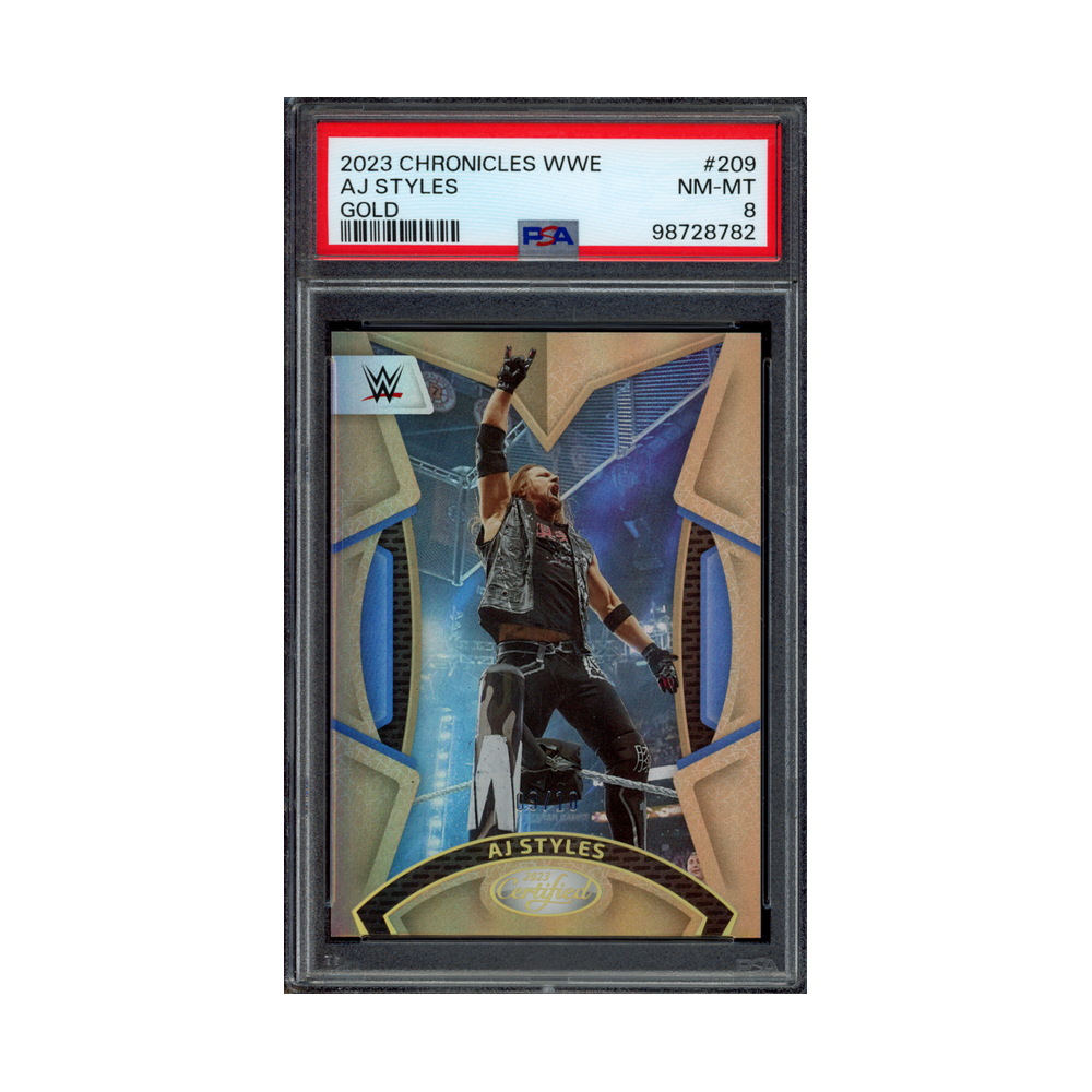 AJ Styles 2023 Panini Chronicles WWE Gold /10 PSA 8