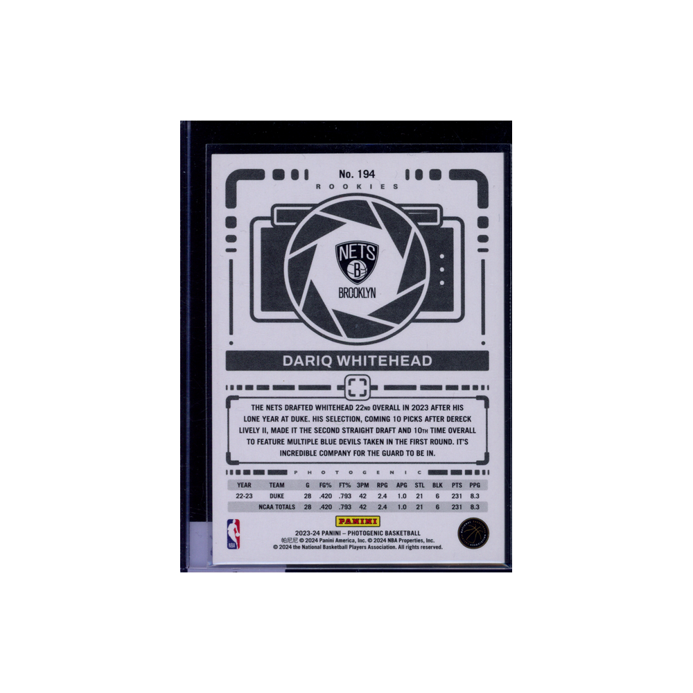 Dariq Whitehead 2023-24 Panini Photogenic Basketball Rookie /25