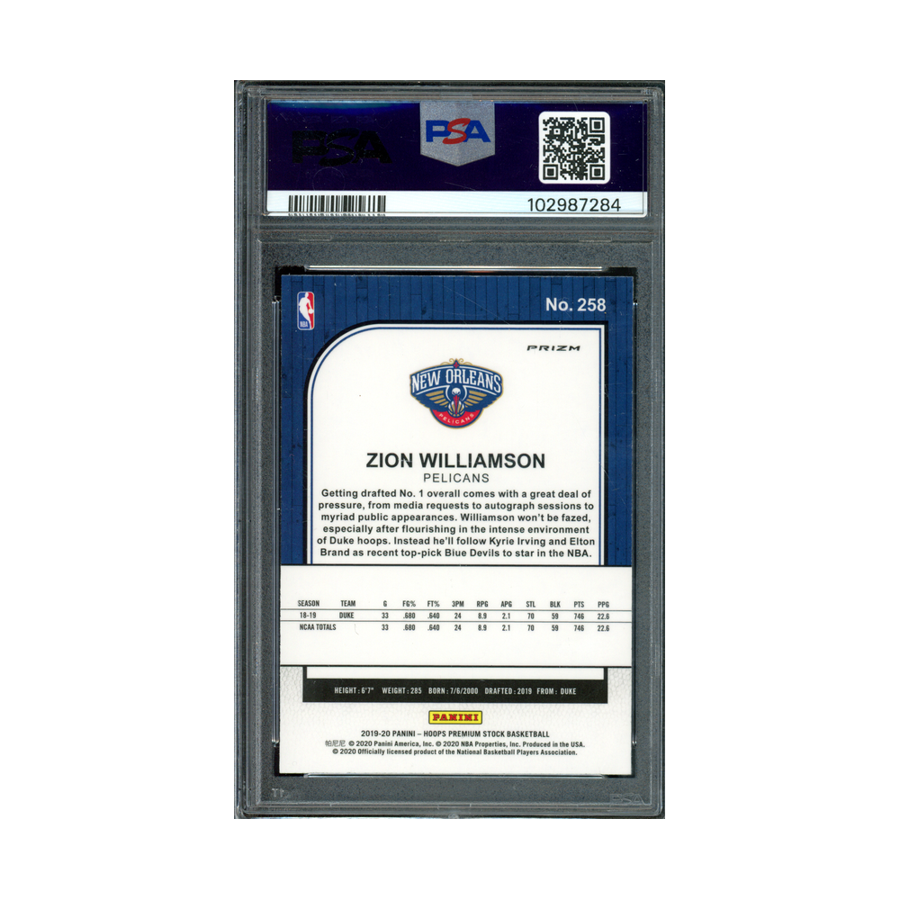 Zion Williamson 2019-20 Panini Hoops Premium Stock Basketball Rookie Silver Laser PSA 10
