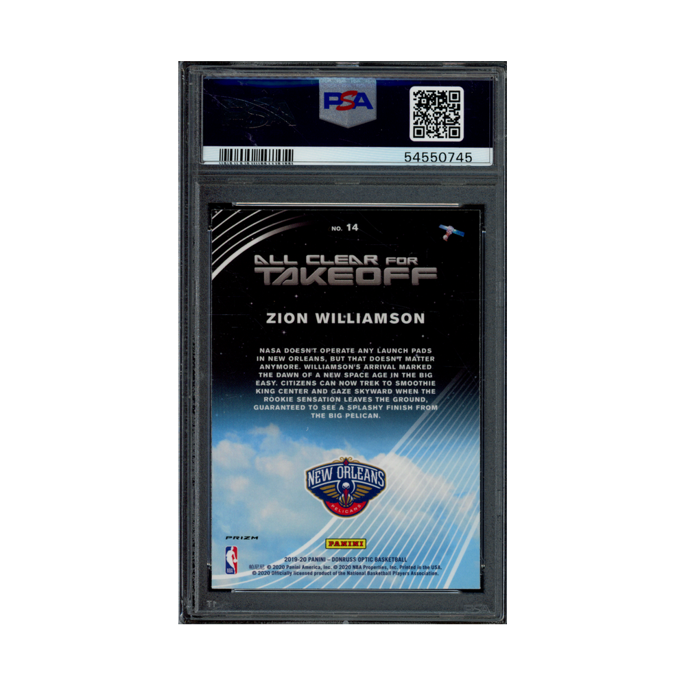 Zion Williamson 2019 Panini Donruss Optic Basketball All Clear Takeoff Holo Rookie PSA 10