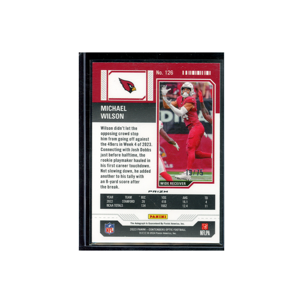 Michael Wilson 2023 Panini Contenders Optic Football Rookie Ticket Auto Blue /75
