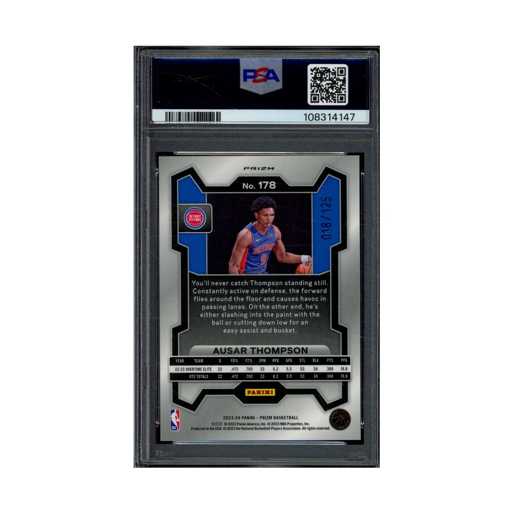 Ausar Thompson 2023 Panini Prizm Basketball Blue Ice Prizm Rookie /125 PSA 10
