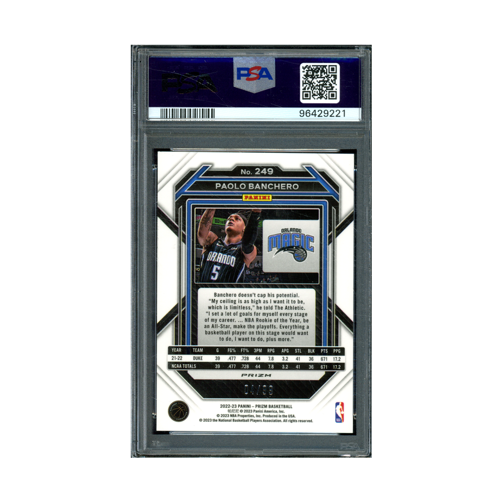 Paolo Banchero 2022 Panini Prizm Basketball Purple Prizm Rookie /99 PSA 10