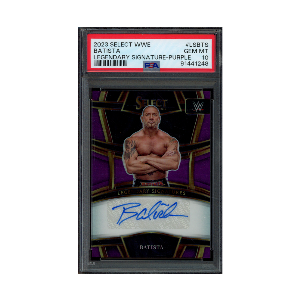 Batista 2023 Panini Select WWE Legendary Signatures Auto Purple Prizm /35 PSA 10