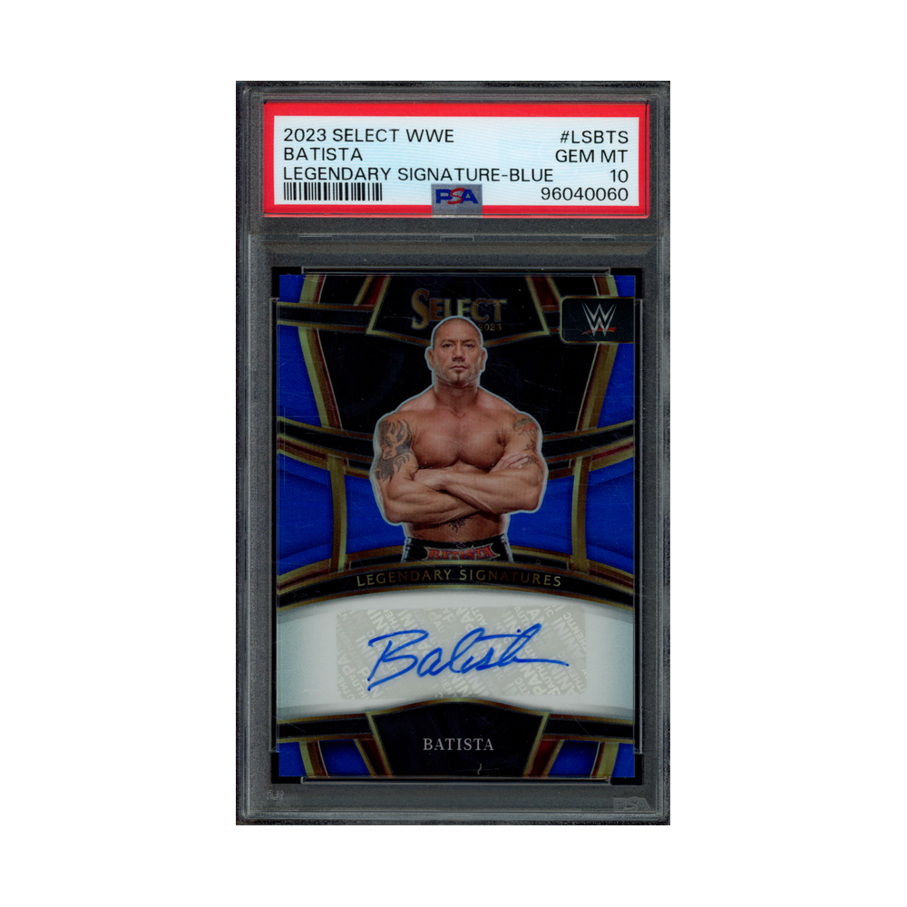 Batista 2023 Panini Select WWE Legendary Signatures Auto Blue Prizm /49 PSA 10