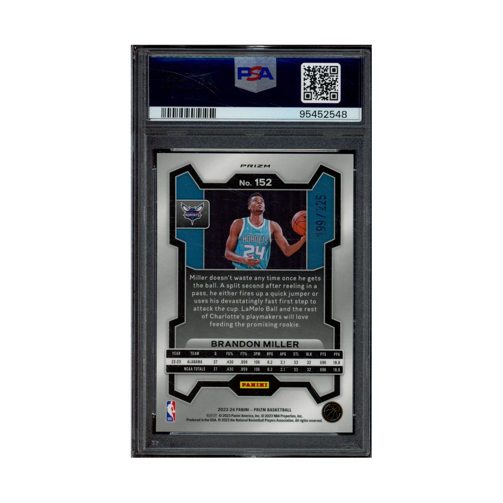 Brandon Miller 2023 Panini Prizm Basketball Teal Ice Prizm Rookie /225 PSA 10