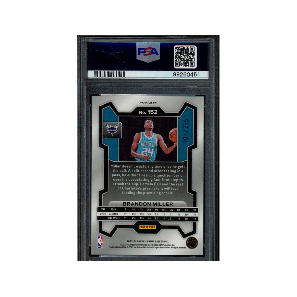 Brandon Miller 2023 Panini Prizm Basketball Teal Ice Prizm Rookie /225 PSA 9