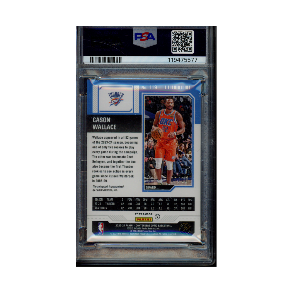 Cason Wallace 2023 Panini Contenders Optic Basketball Rookie Ticket Variation Auto International Gold /10 PSA 9